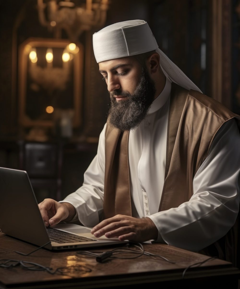 An Islamic man working on a laptop , , 8k, infinite details, photorealistic full body shot in the style of hyper realism and photo realism --ar 3:4 --style raw --stylize 250 --v 5.2 Job ID: 34d987a6-78eb-4207-ad40-fcf69fa1ba82